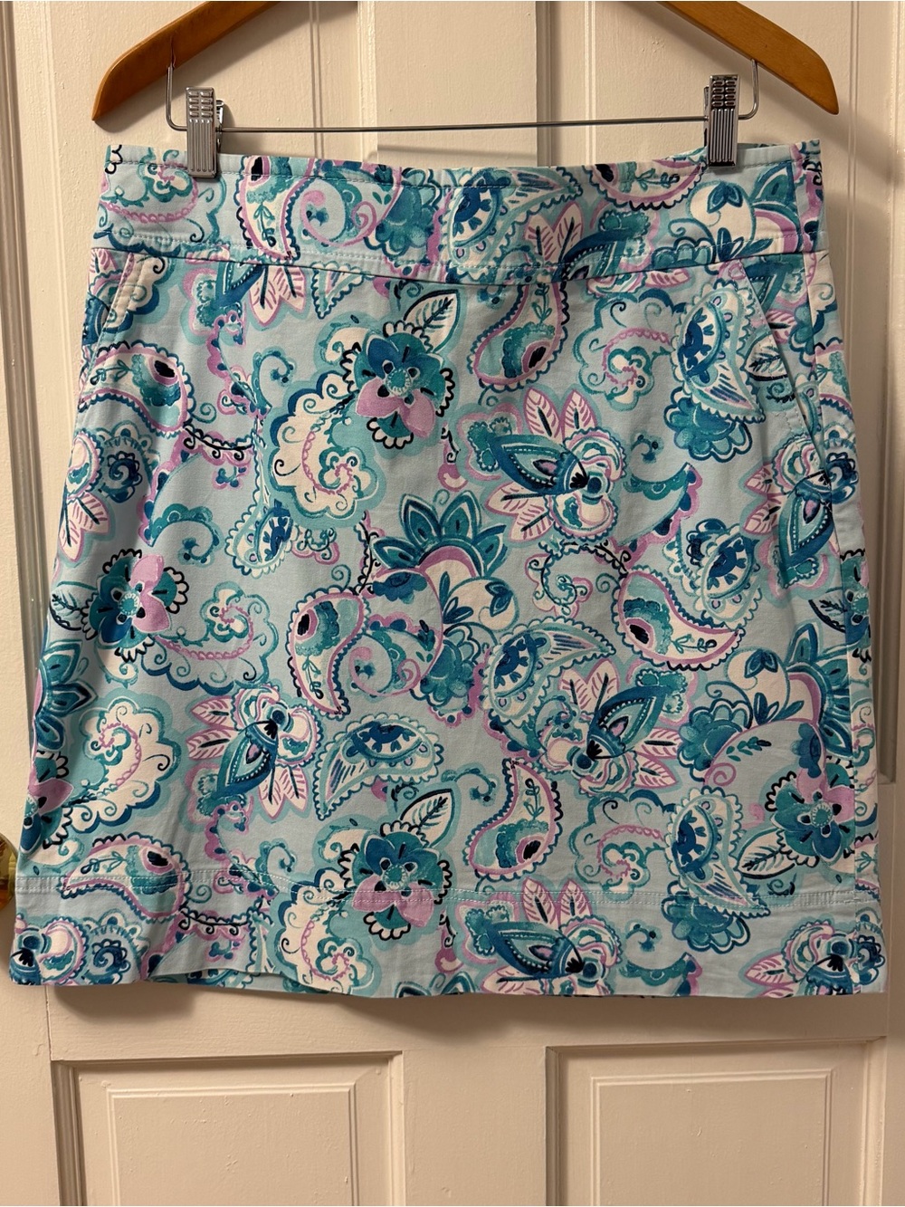 Talbots Women's Paisley Blue Teal Pink Cream Cotton Mini Skirt, Size 12
